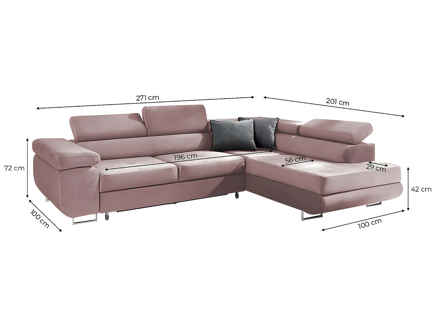 Canapé d'angle convertible droit 4 places Wilson velours Rose