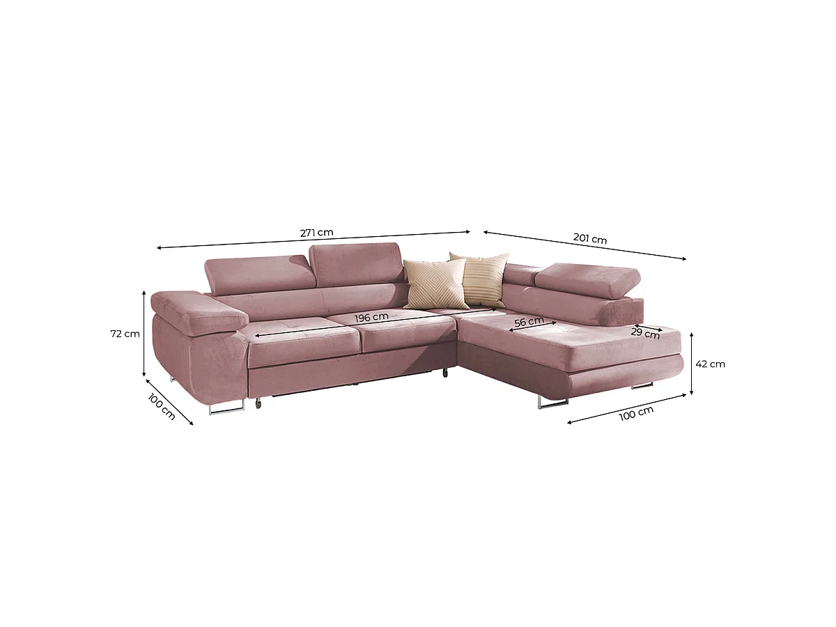 Canapé d'angle droit convertible 4 places en velours rose WILSON