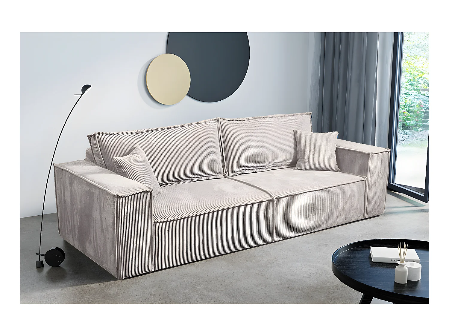 Canapé convertible 4 places avec coffre Isaac velours côtelé Blanc cassé