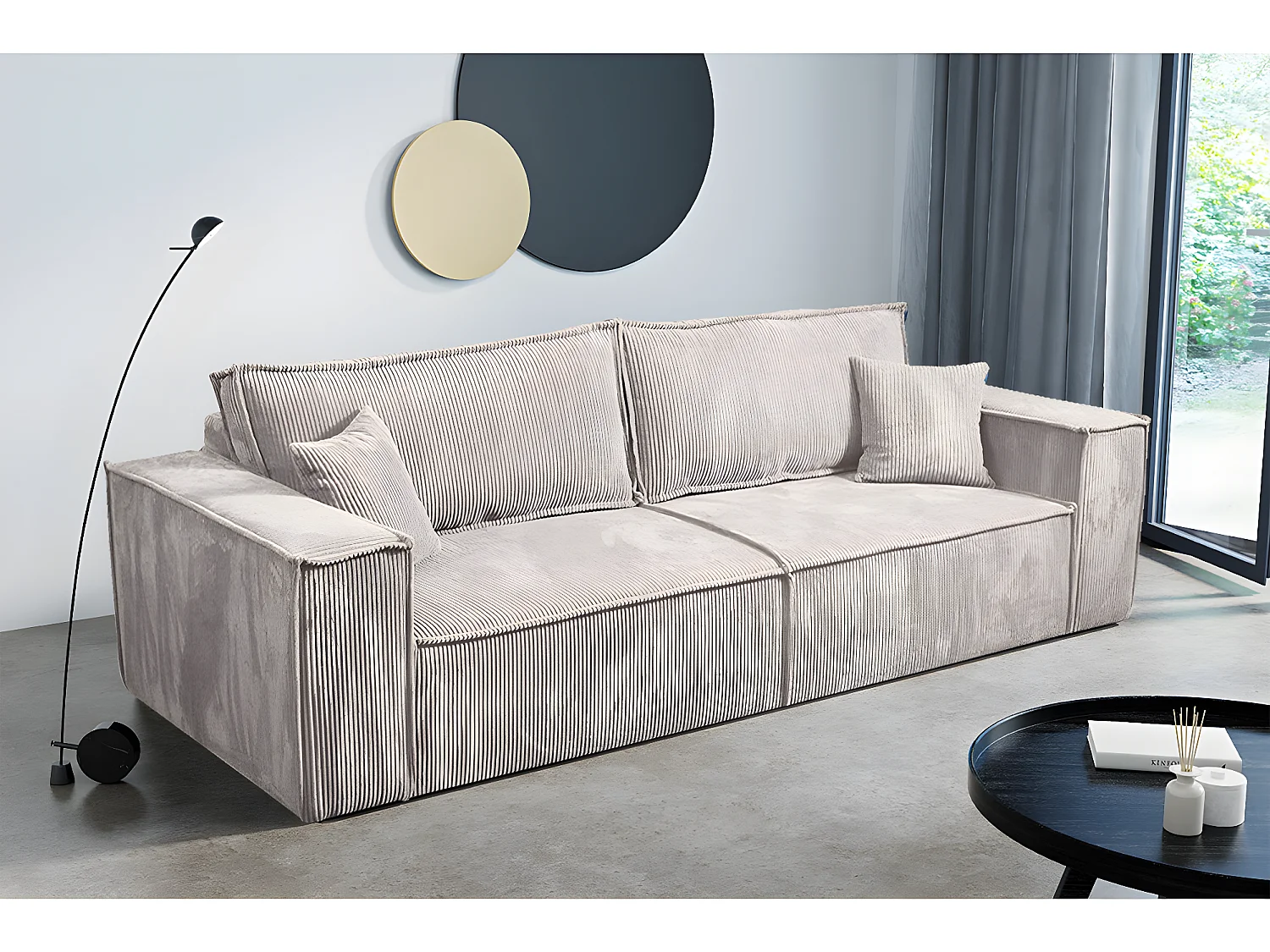 Canapé convertible 4 places avec coffre Isaac velours côtelé Blanc cassé