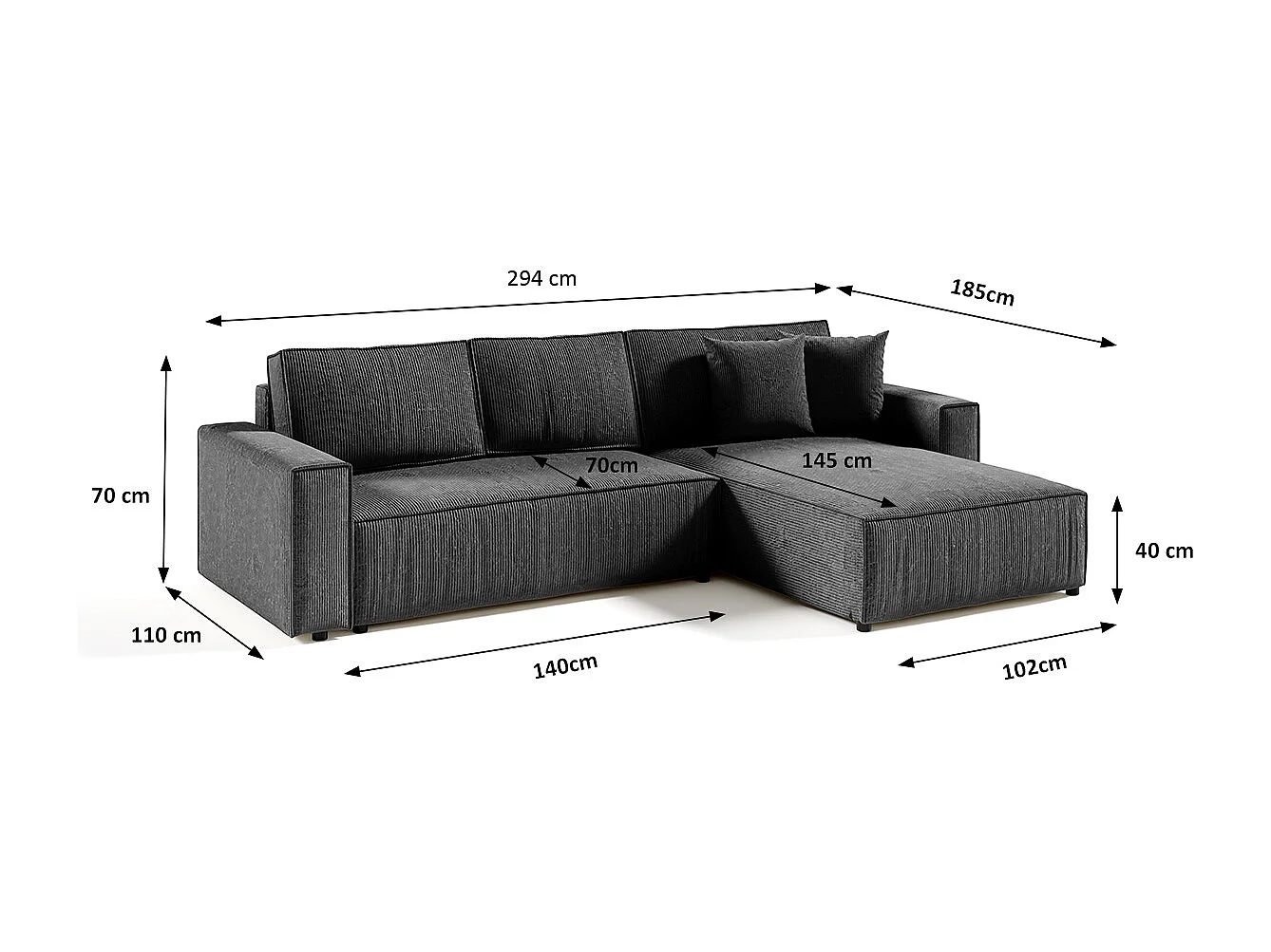 Canapé d'angle réversible et convertible 4 places avec coffre Isaac velours côtelé Gris Foncé