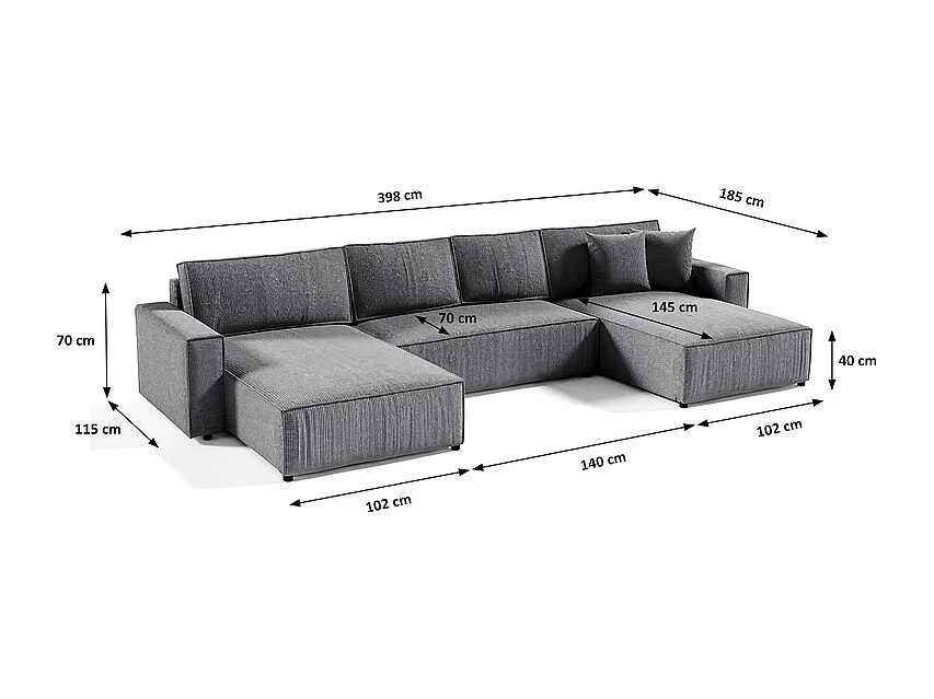 Canapé U 5 places convertible coffre Isaac velours côtelé Gris