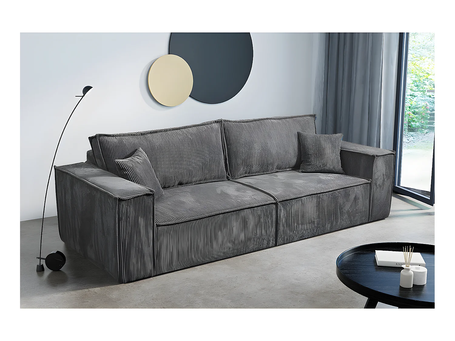Canapé convertible 4 places avec coffre Isaac velours côtelé Gris