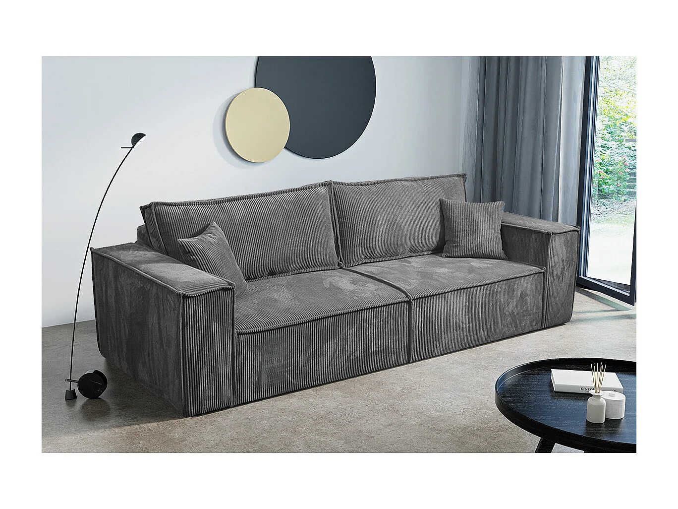Canapé convertible 4 places avec coffre Isaac velours côtelé Gris