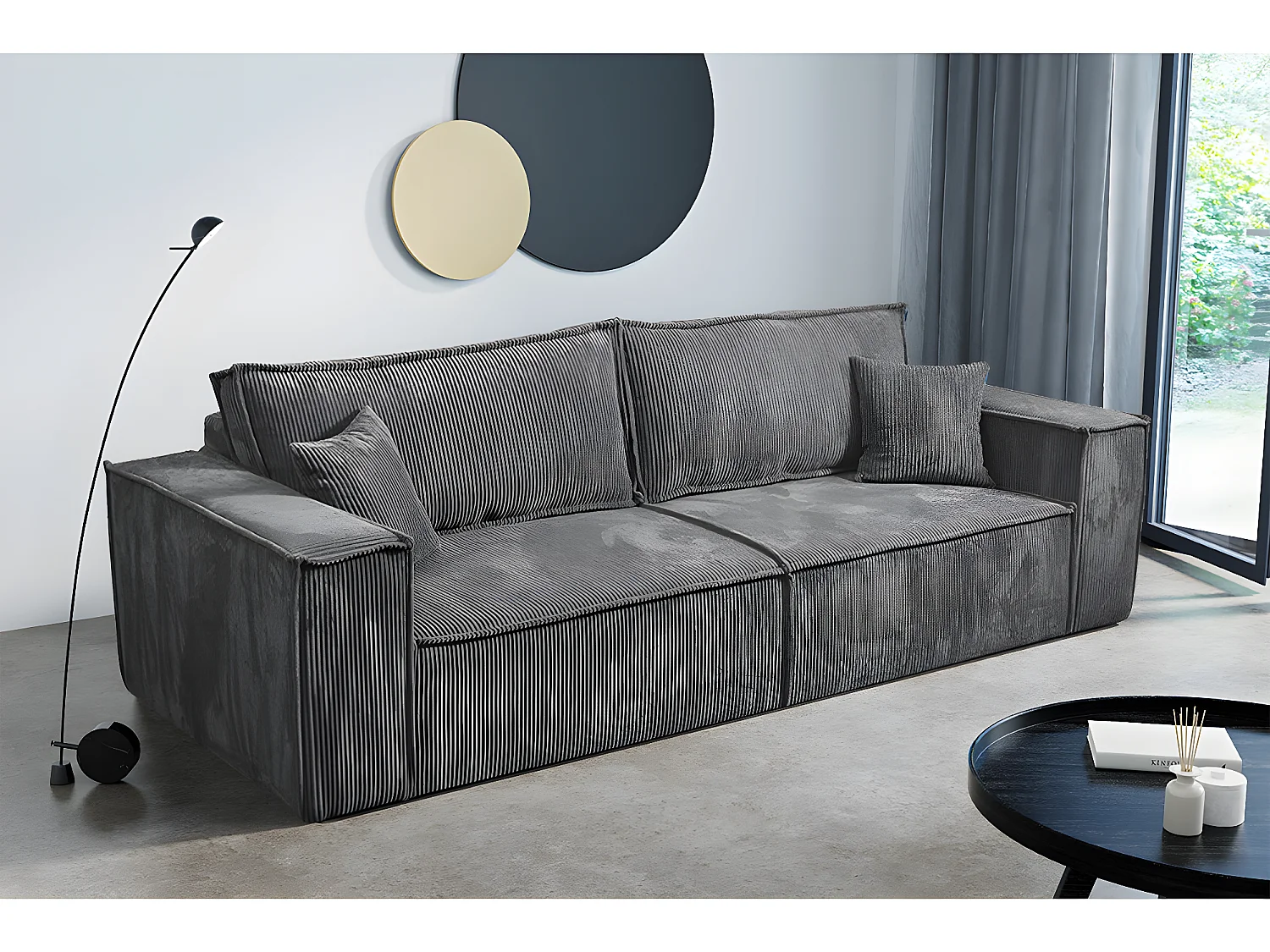Canapé convertible 4 places avec coffre Isaac velours côtelé Gris