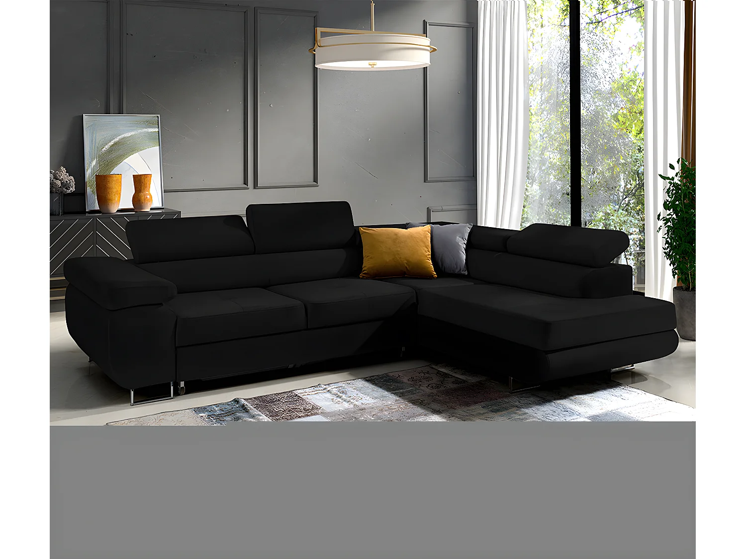 Canapé d'angle convertible droit 4 places Wilson velours Noir