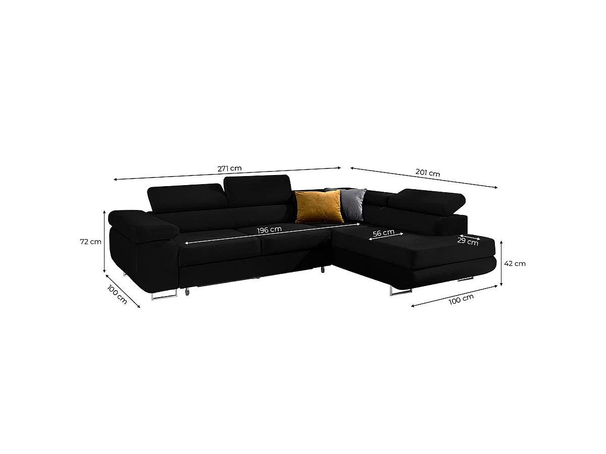 Canapé d'angle convertible 4 places en velours noir WILSON