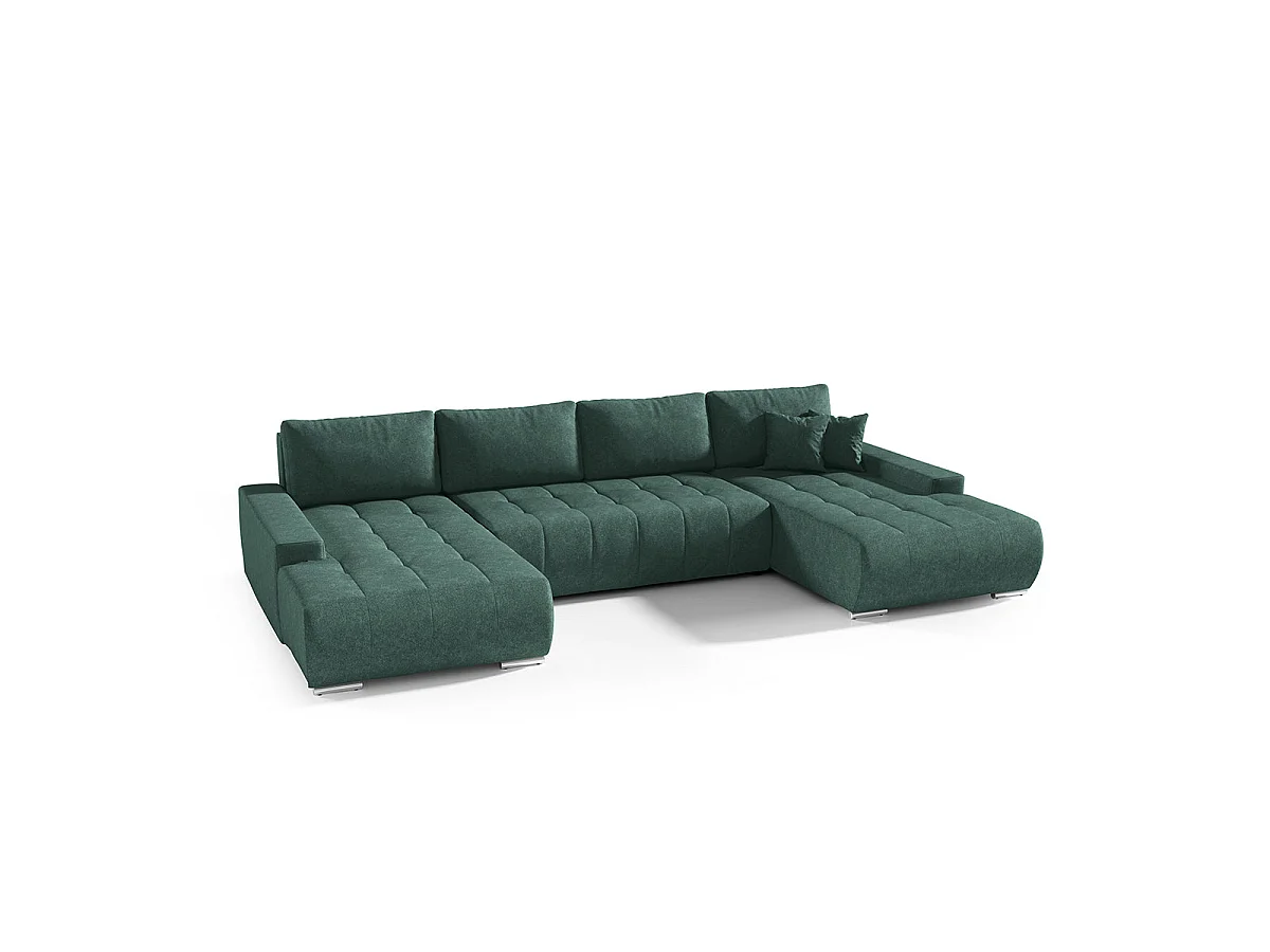 Canapé d'angle convertible 5 places avec coffre en tissu vert