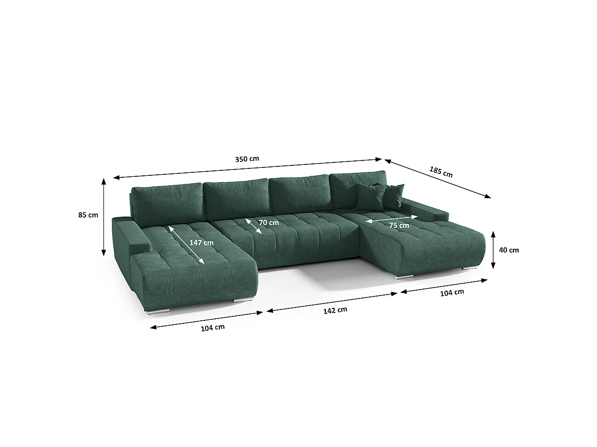 Canapé d'angle convertible 5 places avec coffre en tissu vert
