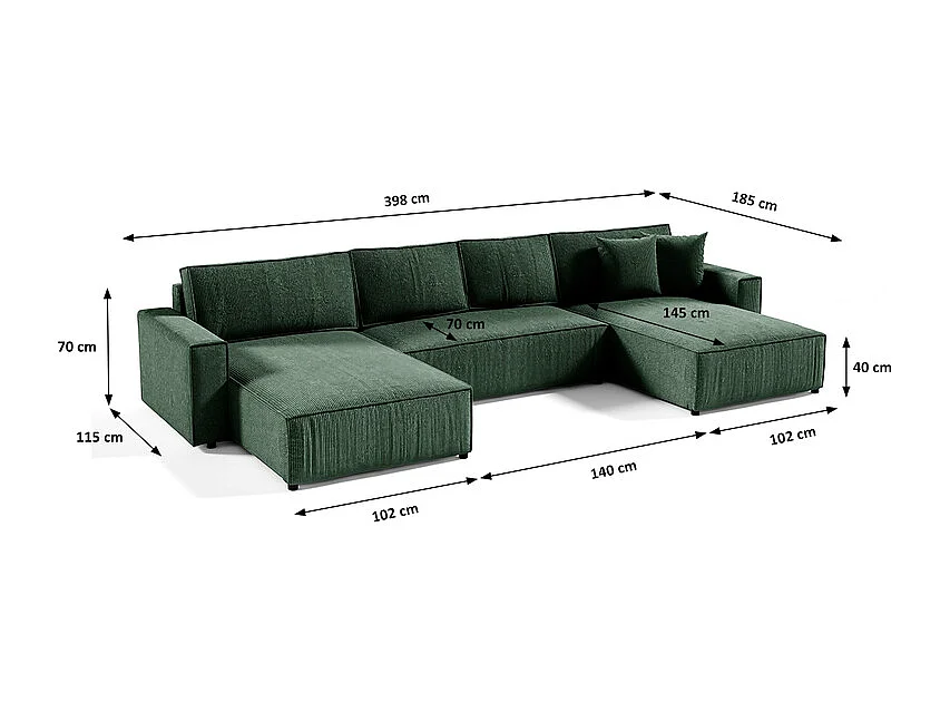Canapé U 5 places convertible coffre Isaac velours côtelé Vert Sapin