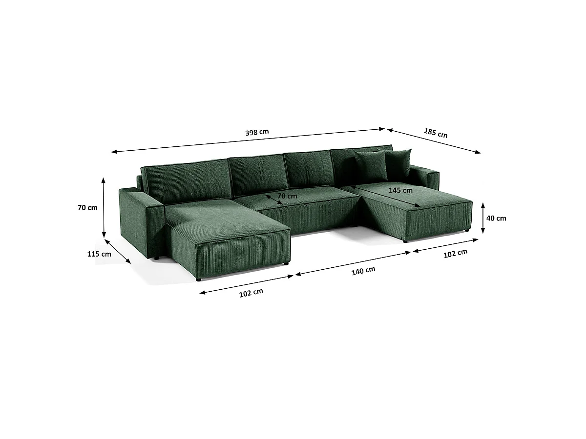 Canapé d'angle convertible 5 places avec coffre en velours vert