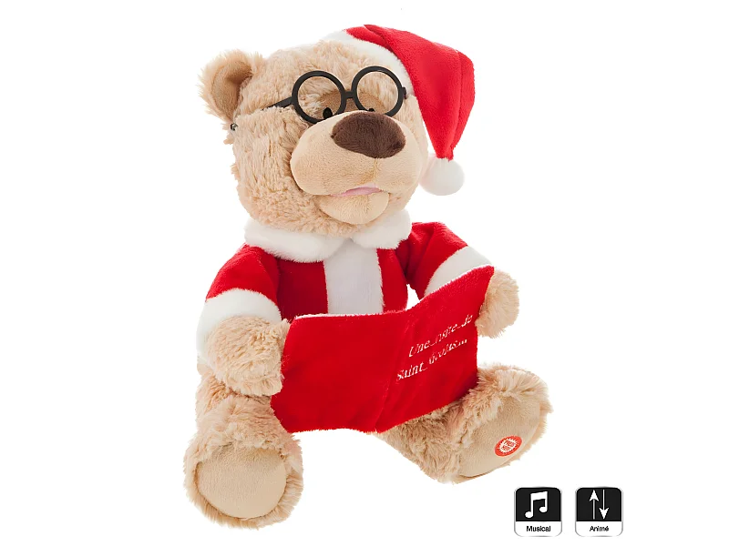 Ours Animé & Musical "Livre" 27cm Beige & Rouge
