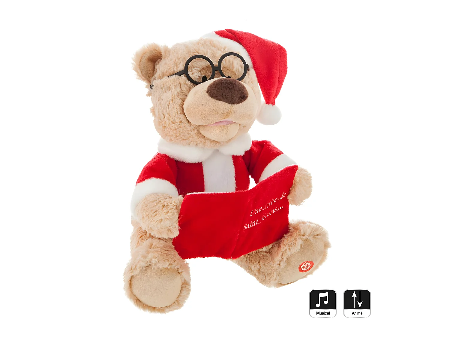 Ours Animé & Musical "Livre" 27cm Beige & Rouge