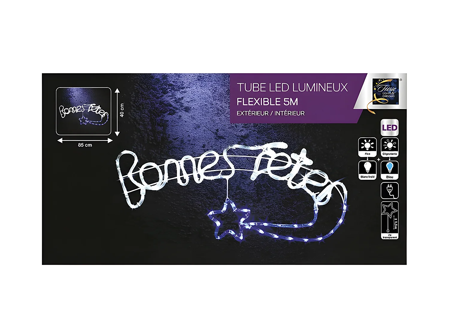Déco de Noël Lumineuse BONNES FETES Tube Lumineux flexible LED Blanc chaud et Bleu H 40 et L 85 cm