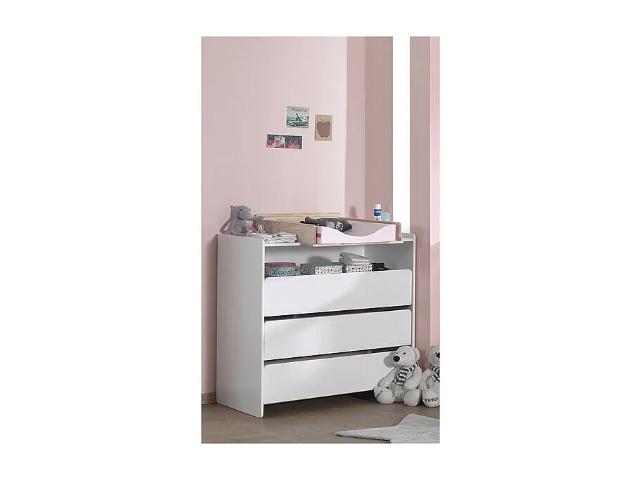 Cómoda Kiddy de 3 cajones, 1 hueco, madera lacada en blanco