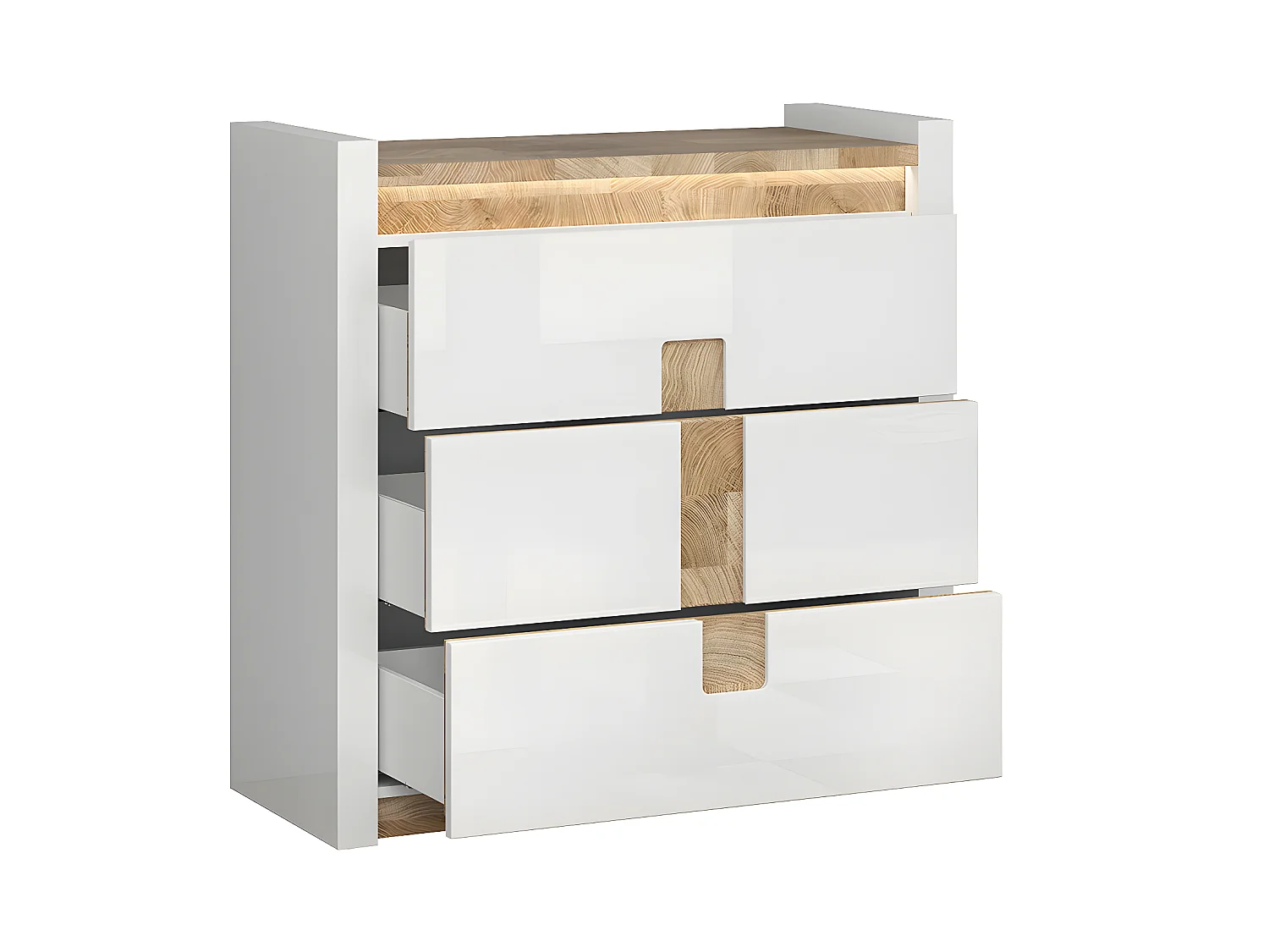 Helios commode met 3 laden en LED's Wit laqué en hout