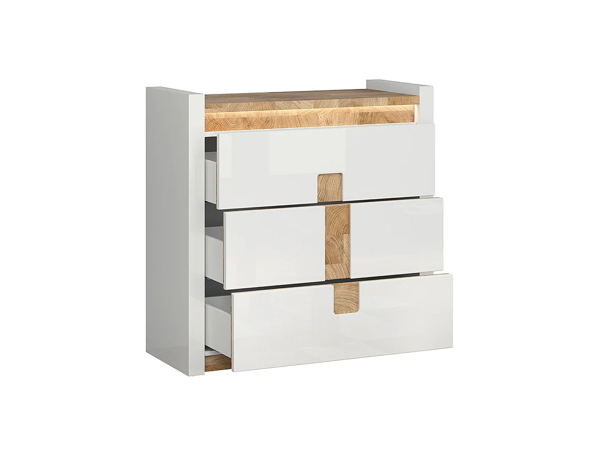 Kommode mit 3 Schubladen und LED Helios Lackweiß und Holz