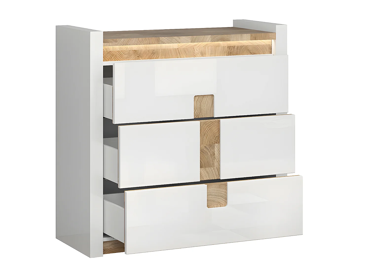 Commode 3 tiroirs avec LED Helios Blanc laqué et Bois