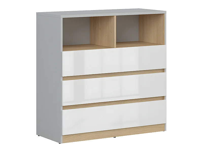 Commode 3 tiroirs 2 niches Pop Gris et Blanc