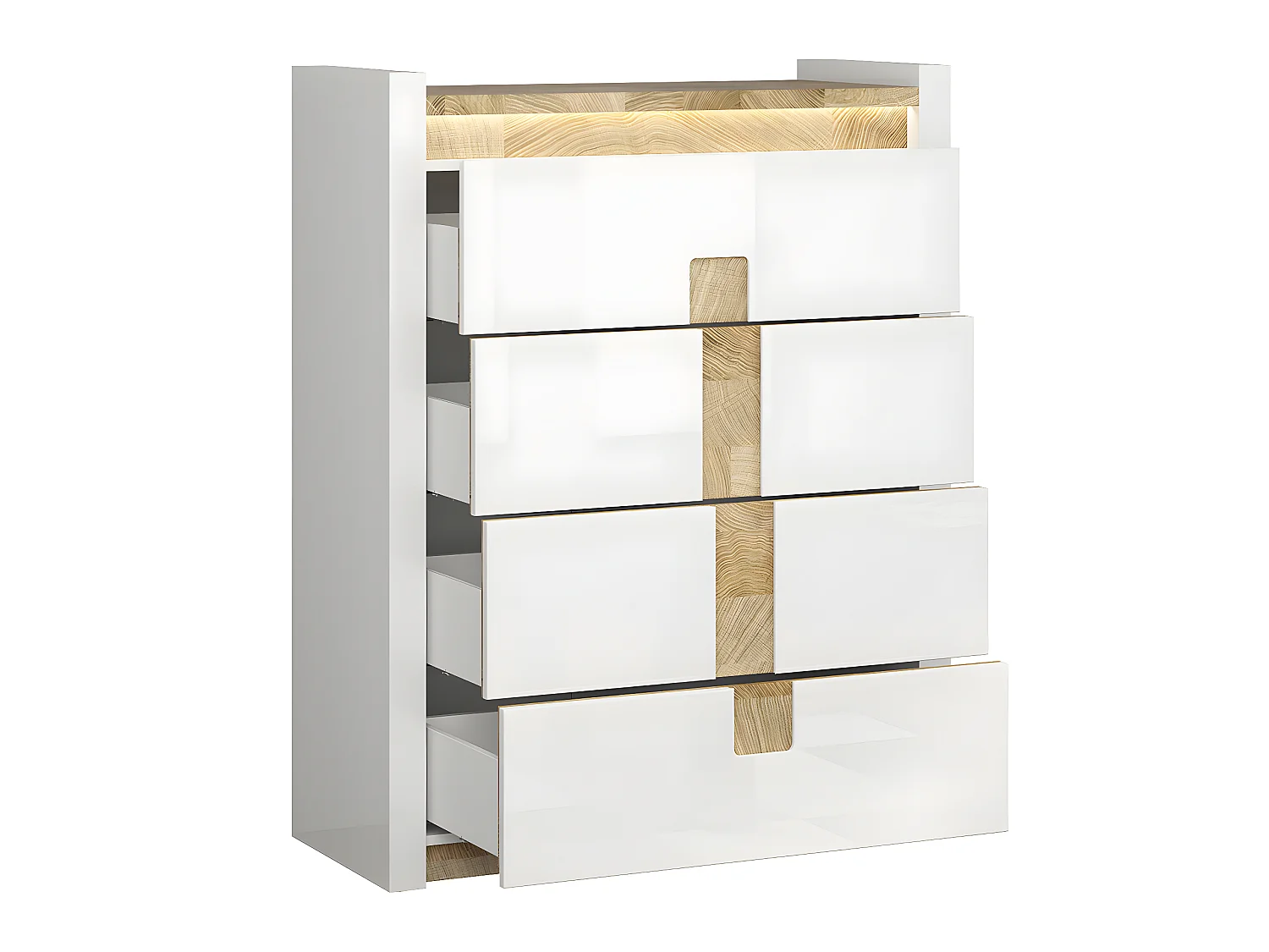 Helios commode met 4 laden, LED wit gelakt en hout