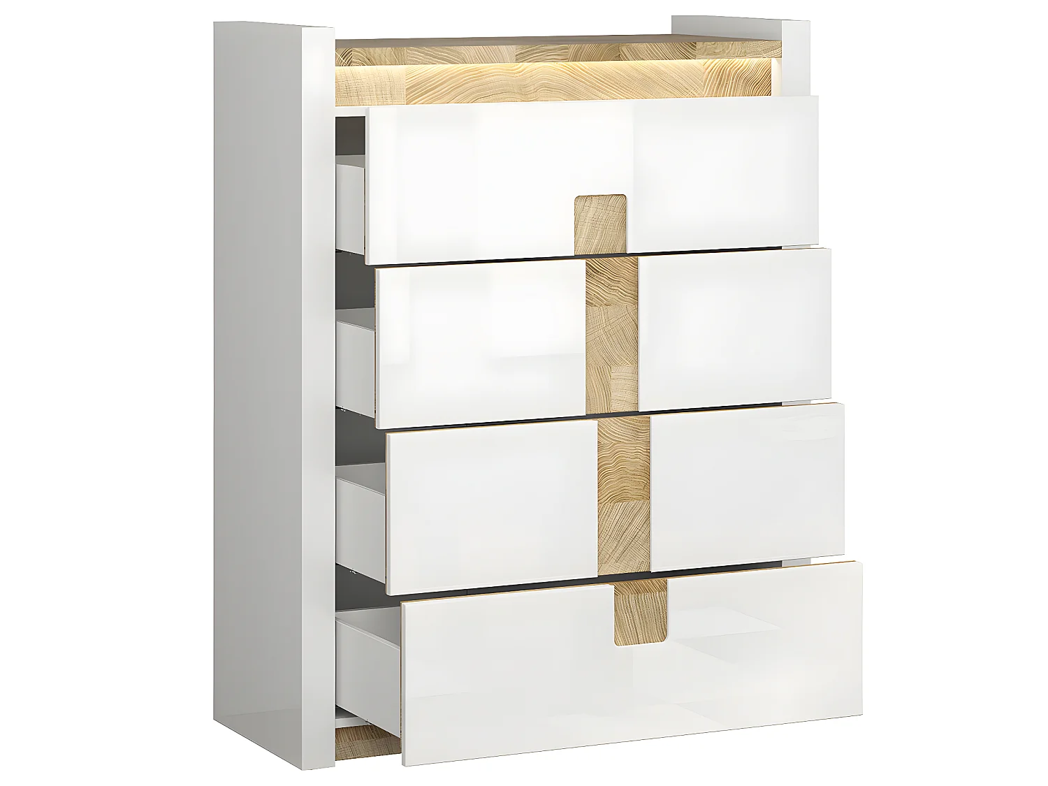 Commode 4 tiroirs avec LED Helios Blanc laqué et Bois