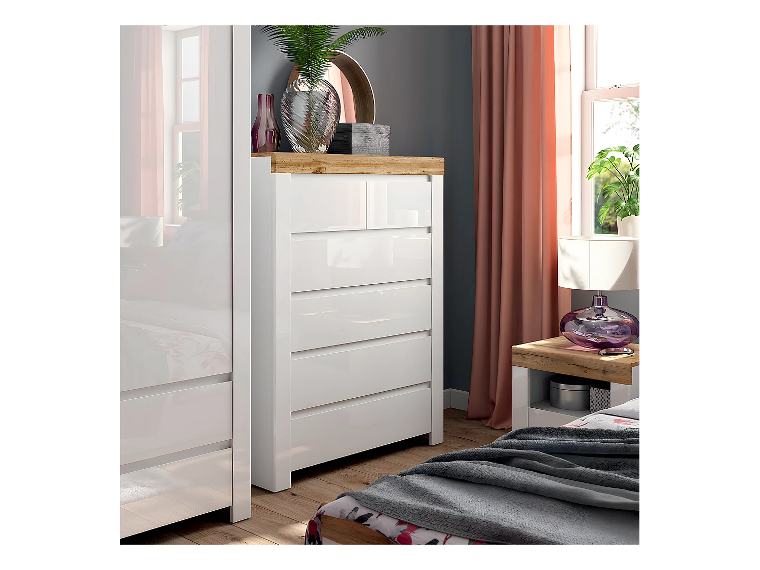 Commode 6 tiroirs Hella Blanc et Bois