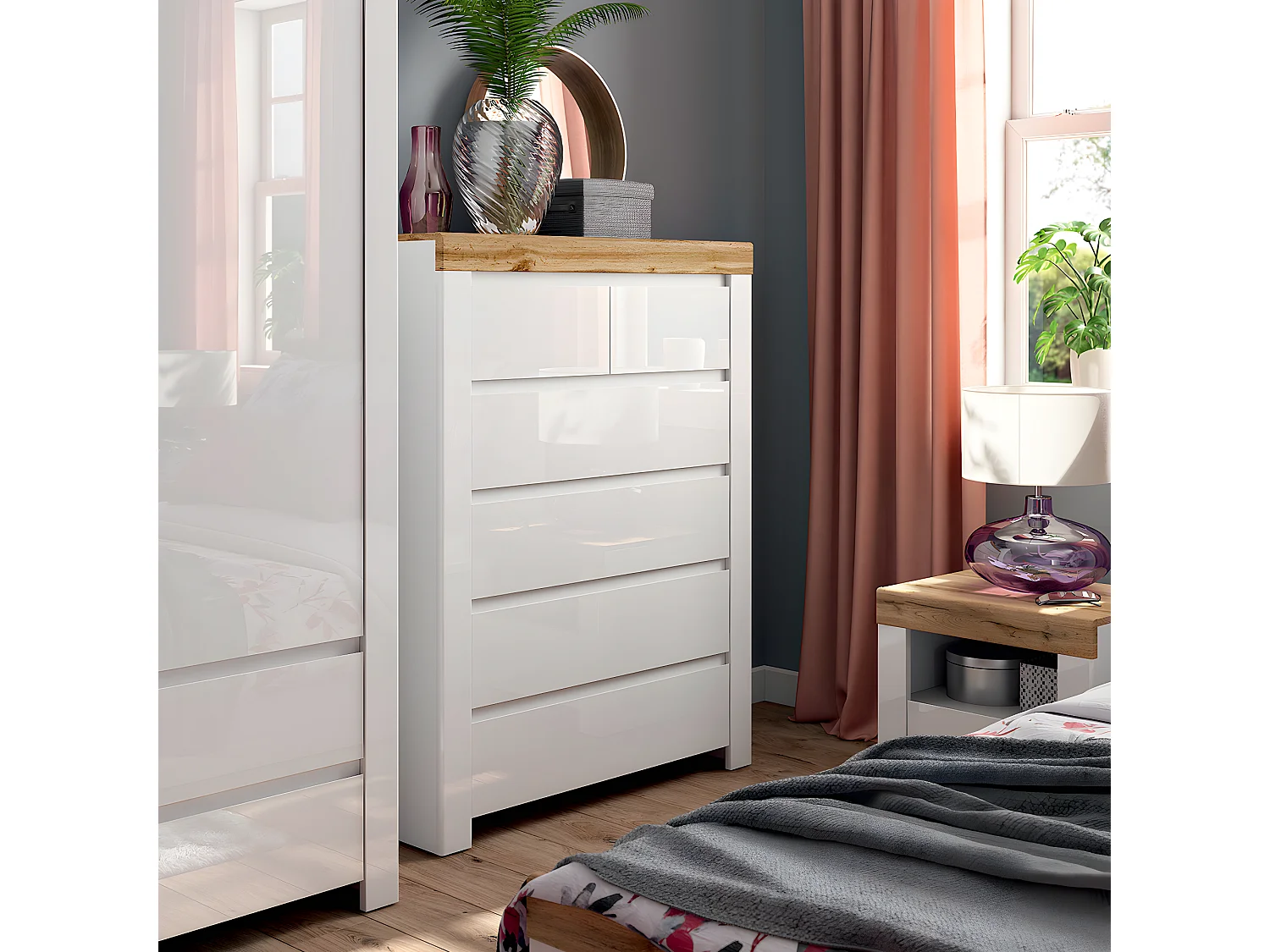 Commode 6 tiroirs Hella Blanc et Bois