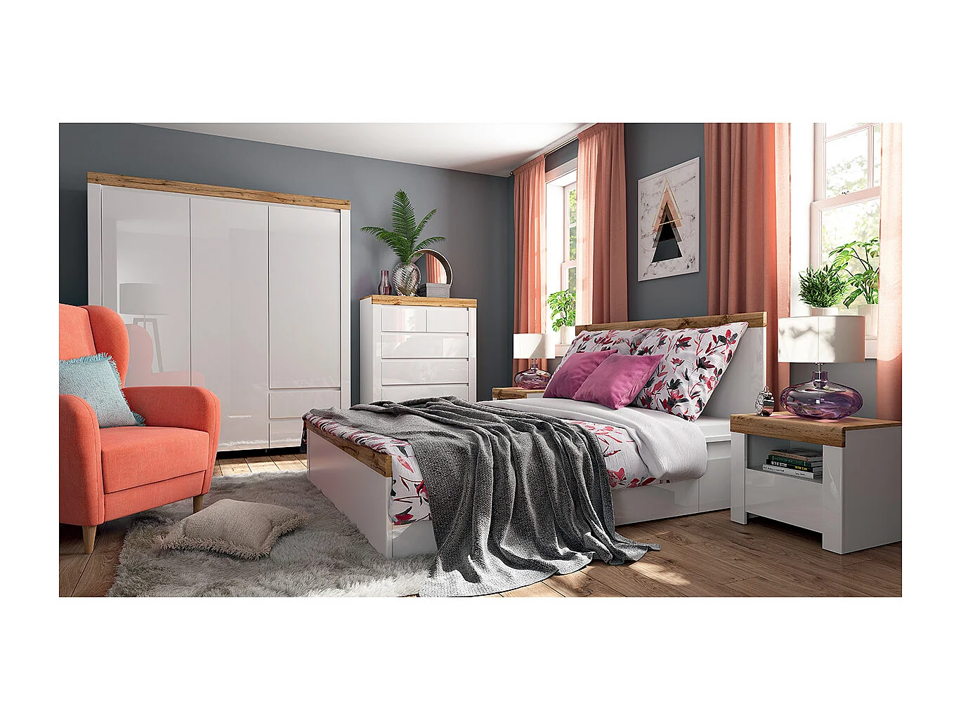 Cómoda Hella branco e madeira 130cm