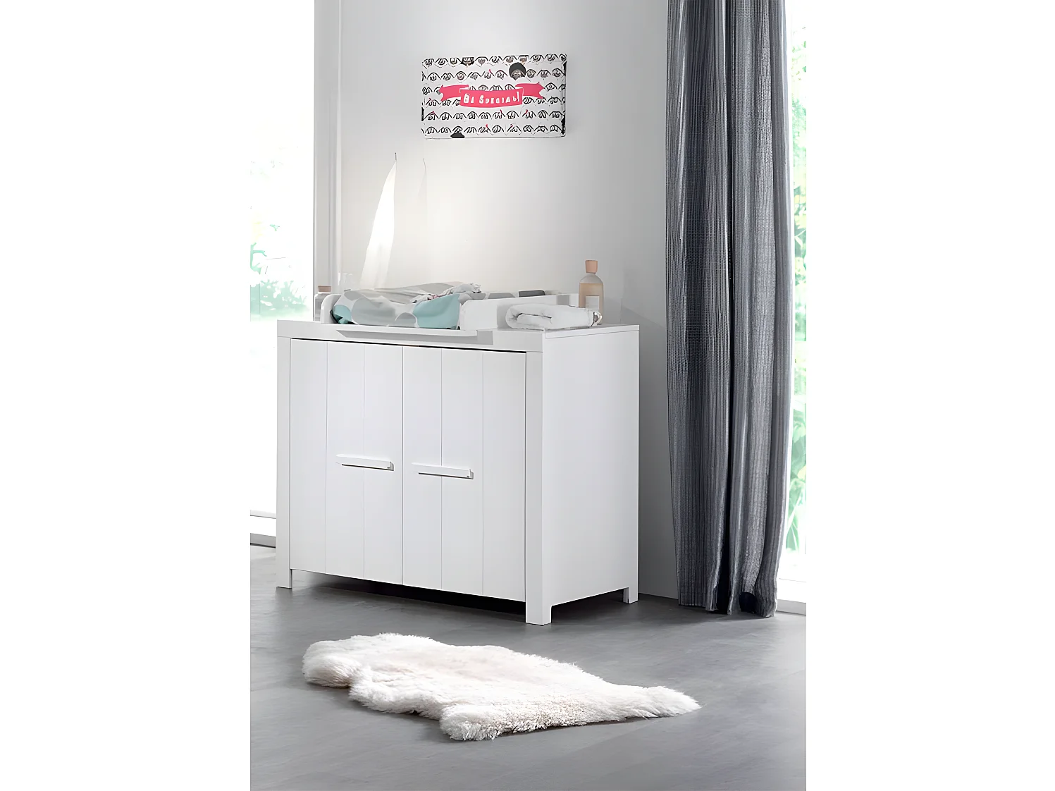 Commode Enfant en Bois 2 Portes "Erik" 100cm Blanc