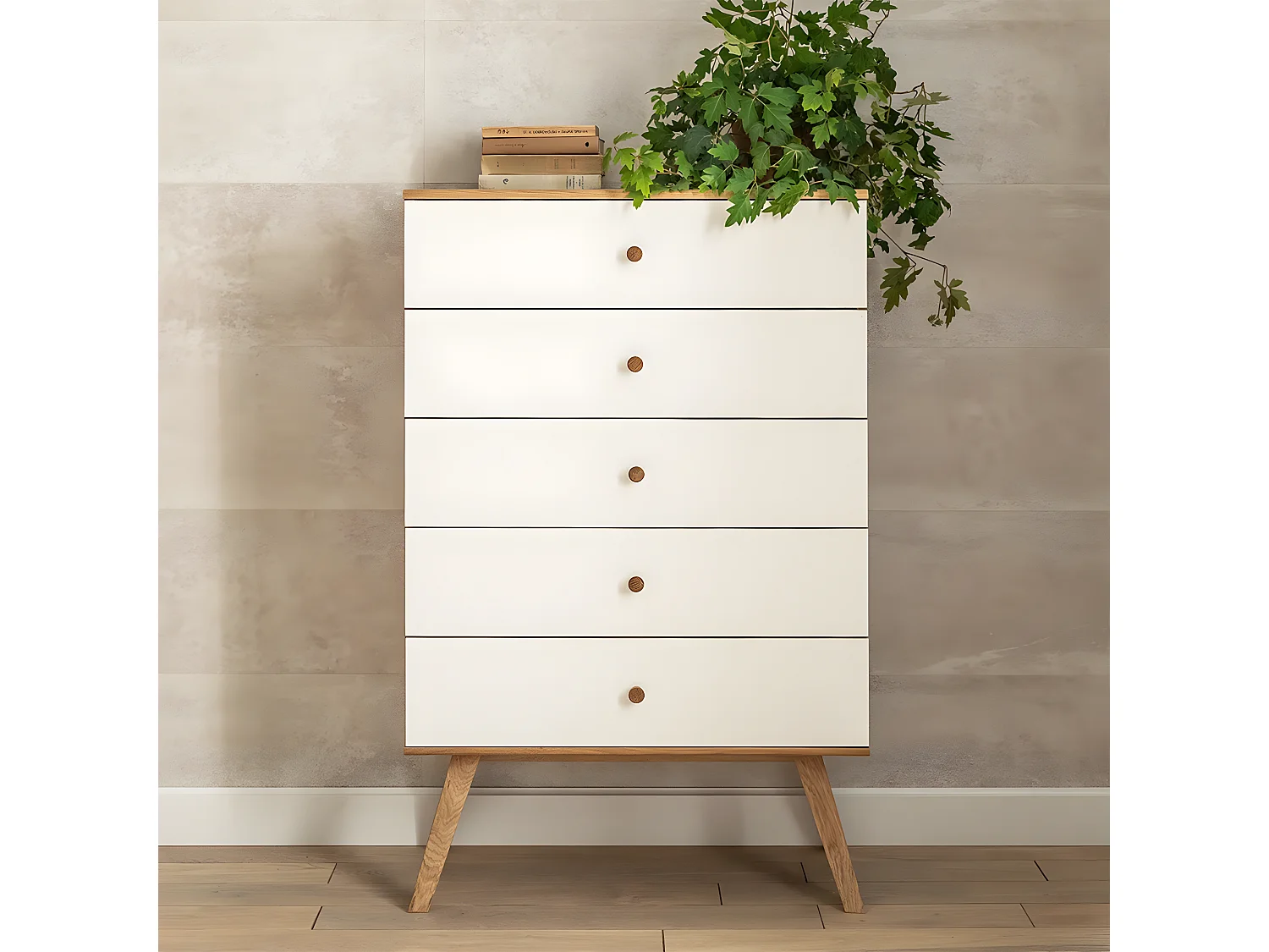 Commode 5 tiroirs Nature Blanc