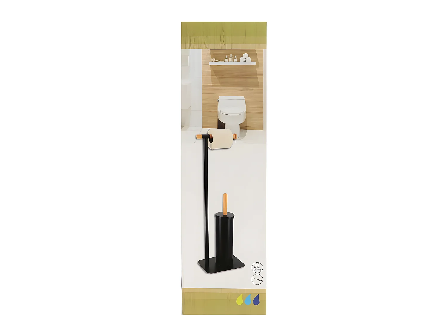 Brosse WC avec support et Dérouleur Papier toilette en métal Noir et Bambou H 69.5 cm