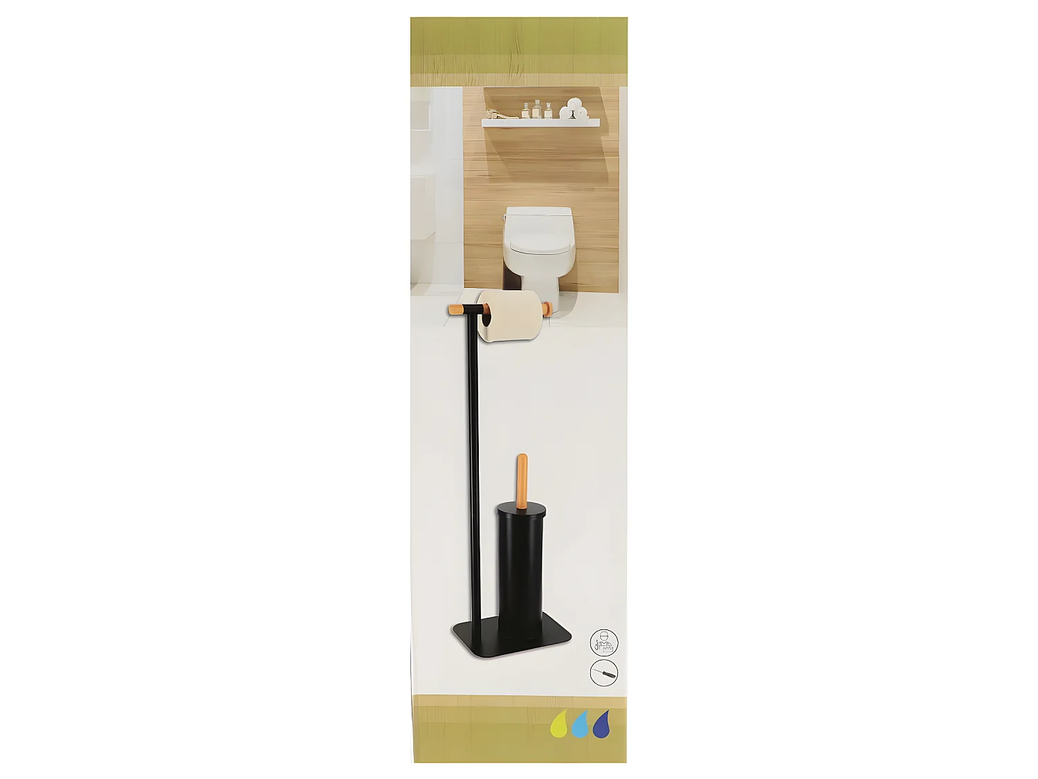 Brosse WC avec support et Dérouleur Papier toilette en métal Noir et Bambou H 69.5 cm