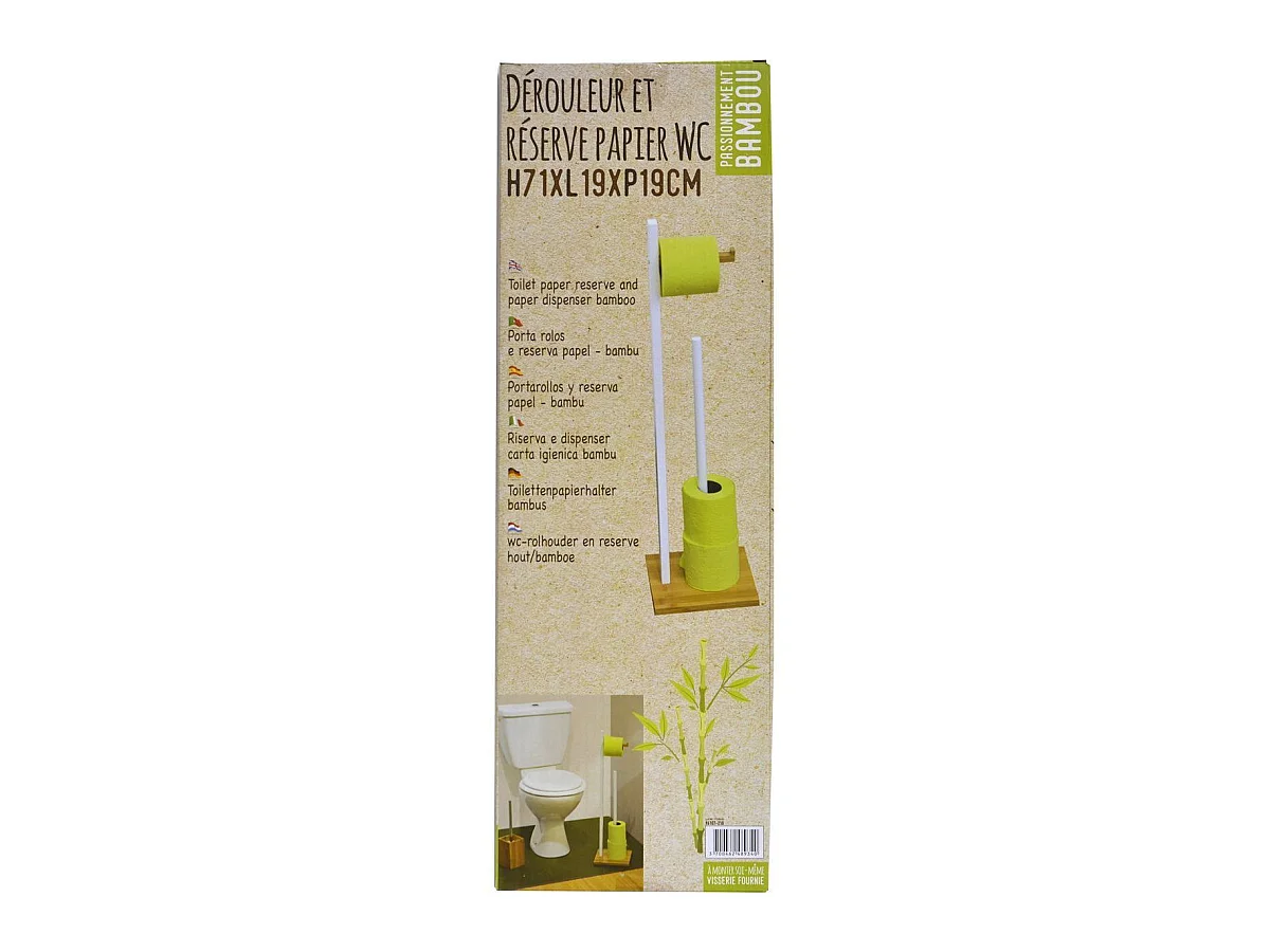 Dérouleur papier toilette WC avec réserve en Bois Blanc et Bambou H 71 cm