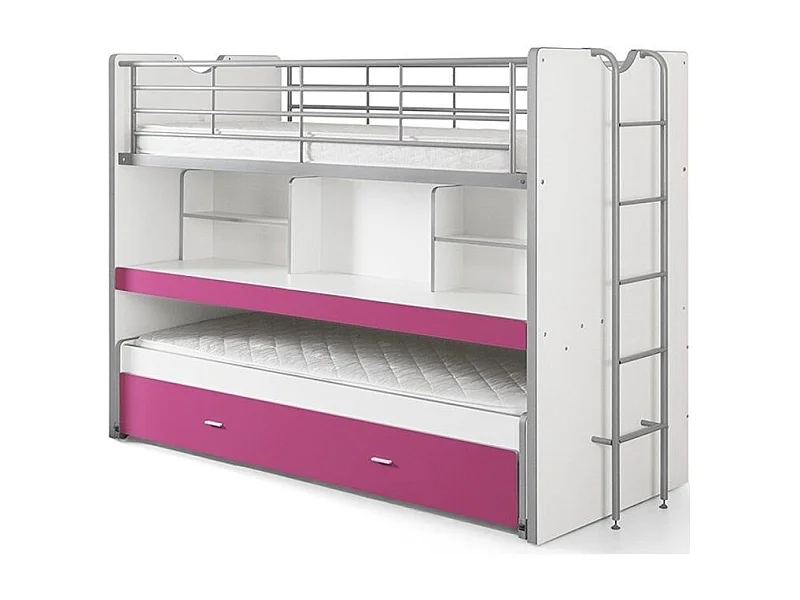 Litera 3 plazas 90x200 cm madera blanca y fucsia Bonny