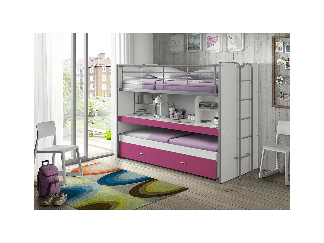 Lit Superposé Enfant "Bonny" 90x200cm Fuchsia