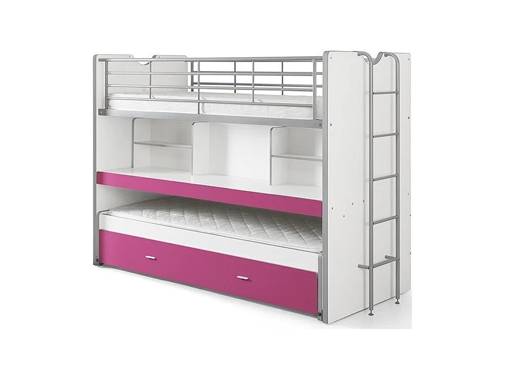 Litera 3 plazas 90x200 cm madera blanca y fucsia Bonny