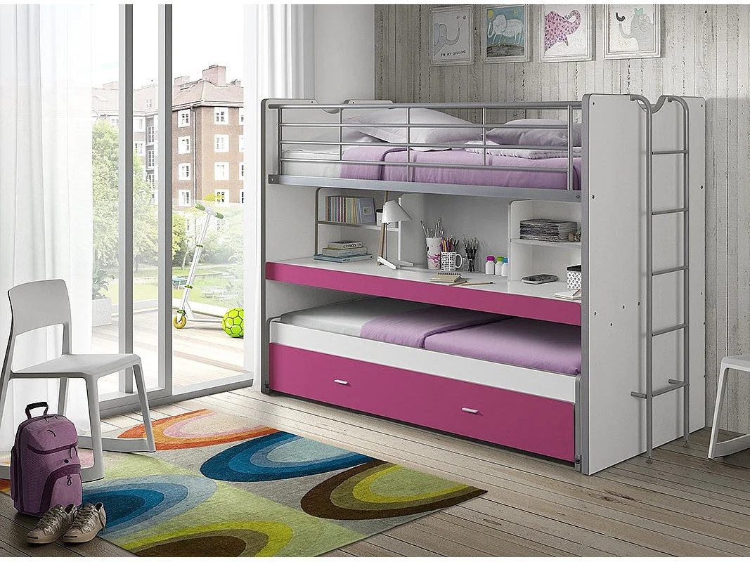 Lit Superposé Enfant "Bonny" 90x200cm Fuchsia