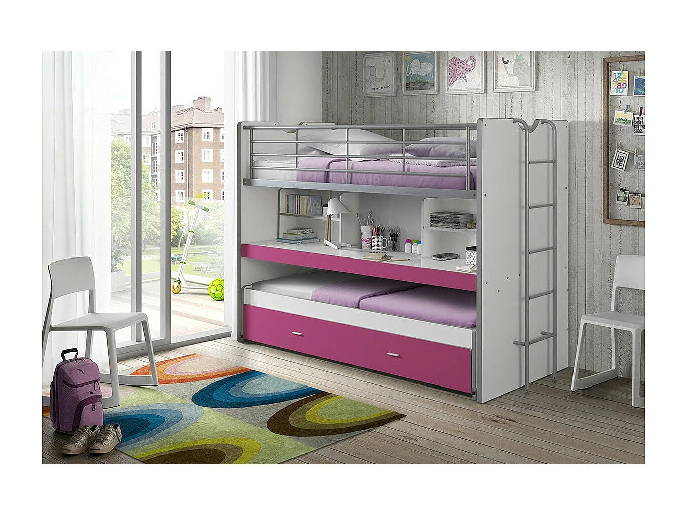 Lit Superposé Enfant "Bonny" 90x200cm Fuchsia