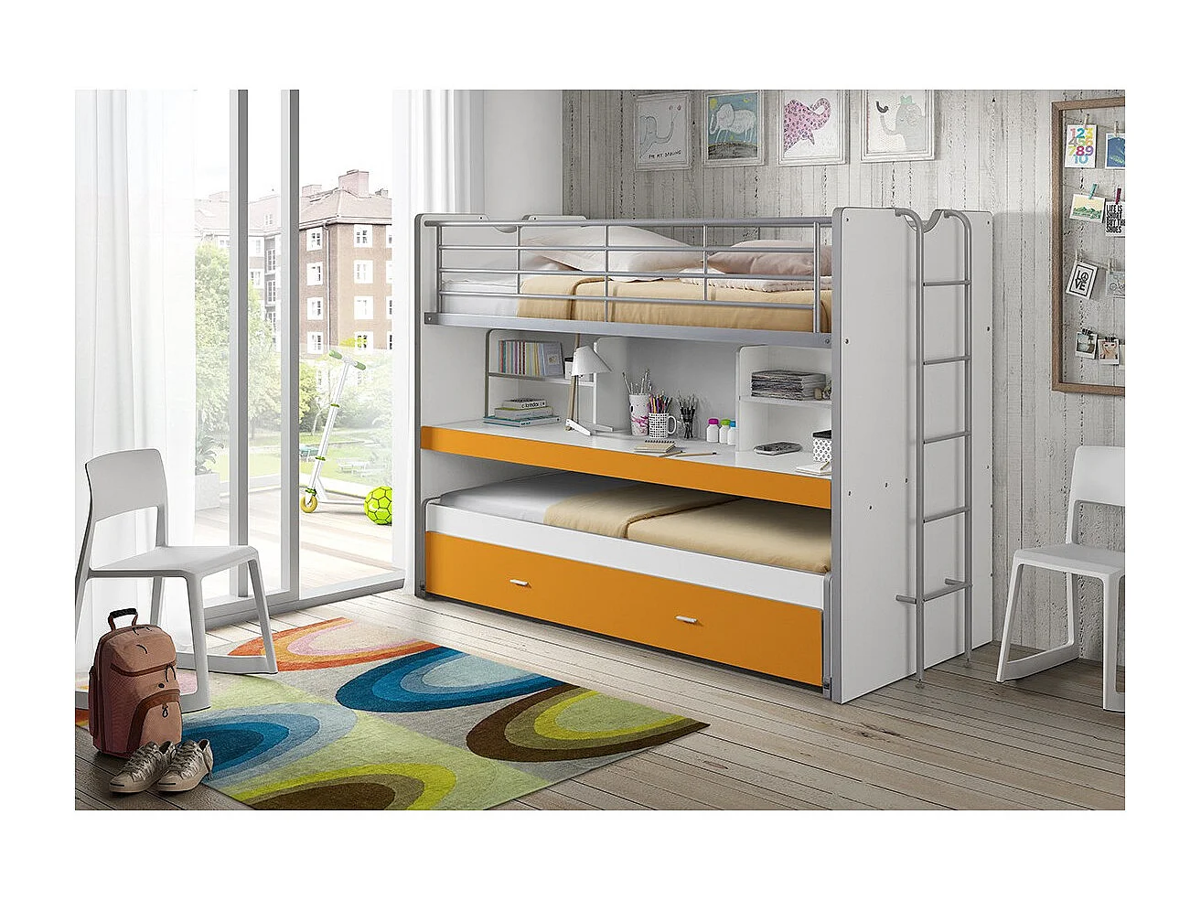 Bonny 3-zits stapelbed 90x200 cm wit en oranje hout