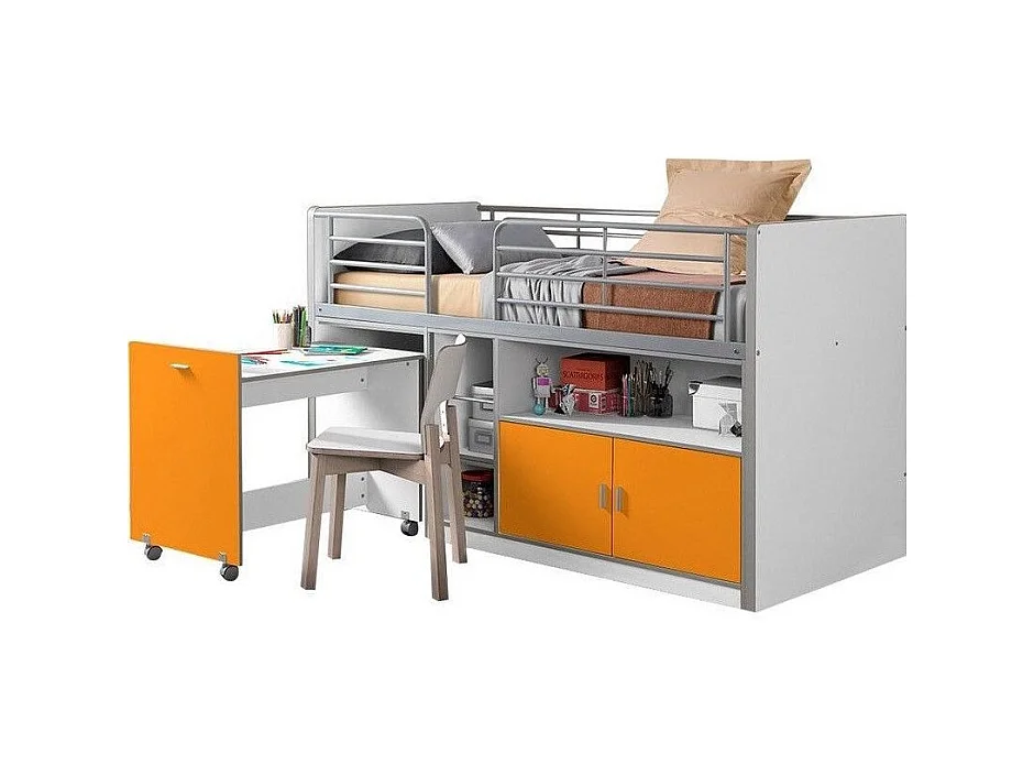 Gecombineerd bed 90x200 cm met boxspring 1 bureau 2 deuren wit en oranje hout Bonny