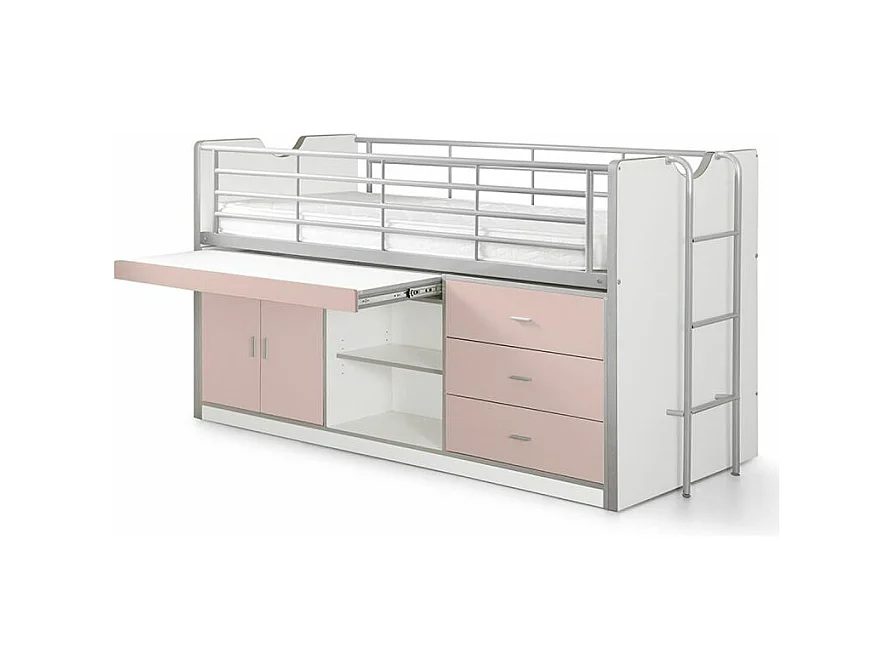 Gecombineerd bed 90x200 cm met boxspring 1 bureau 3 laden wit en roze hout Bonny