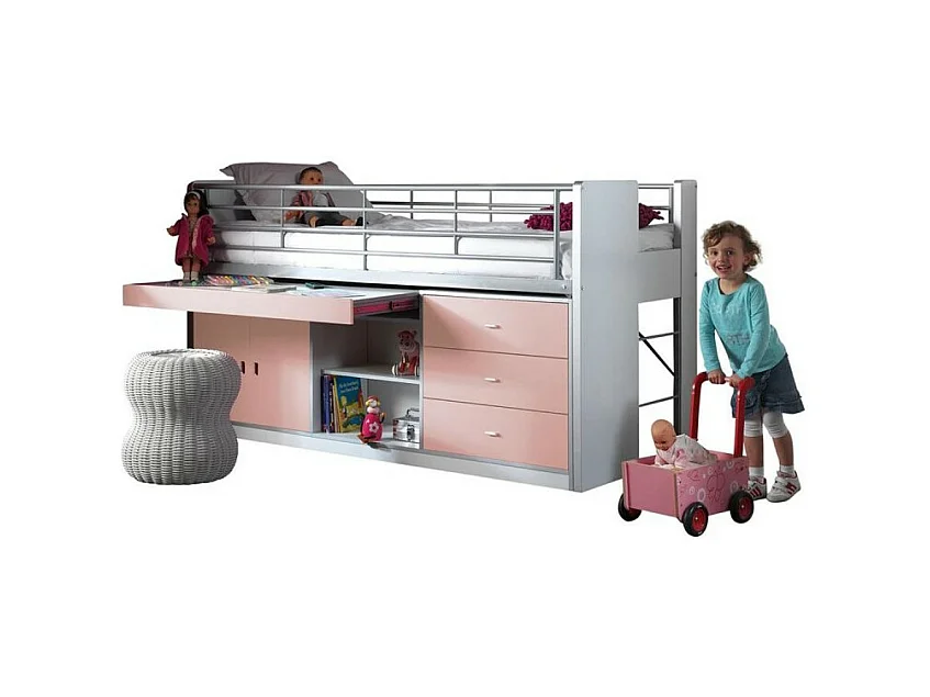 Gecombineerd bed 90x200 cm met boxspring 1 bureau 3 laden wit en roze hout Bonny