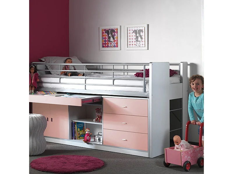 Gecombineerd bed 90x200 cm met boxspring 1 bureau 3 laden wit en roze hout Bonny