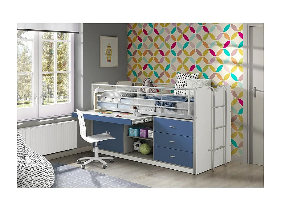 Gecombineerd bed 90x200 cm met boxspring 1 bureau 3 laden wit en blauw hout Bonny