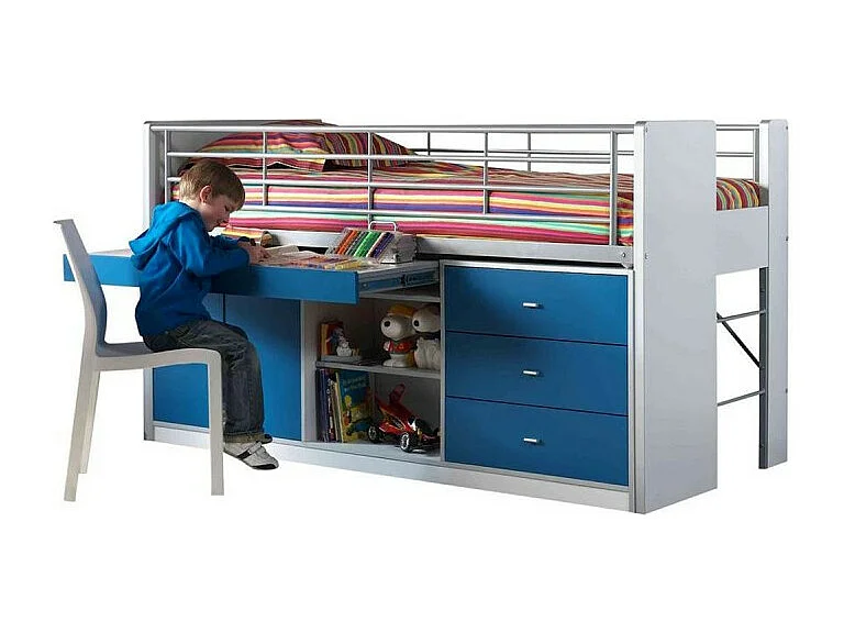 Gecombineerd bed 90x200 cm met boxspring 1 bureau 3 laden wit en blauw hout Bonny