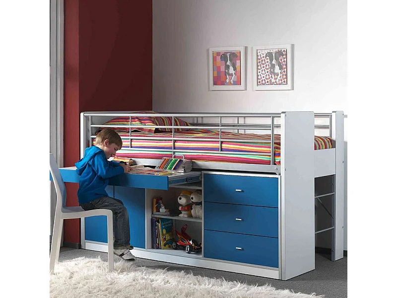 Gecombineerd bed 90x200 cm met boxspring 1 bureau 3 laden wit en blauw hout Bonny