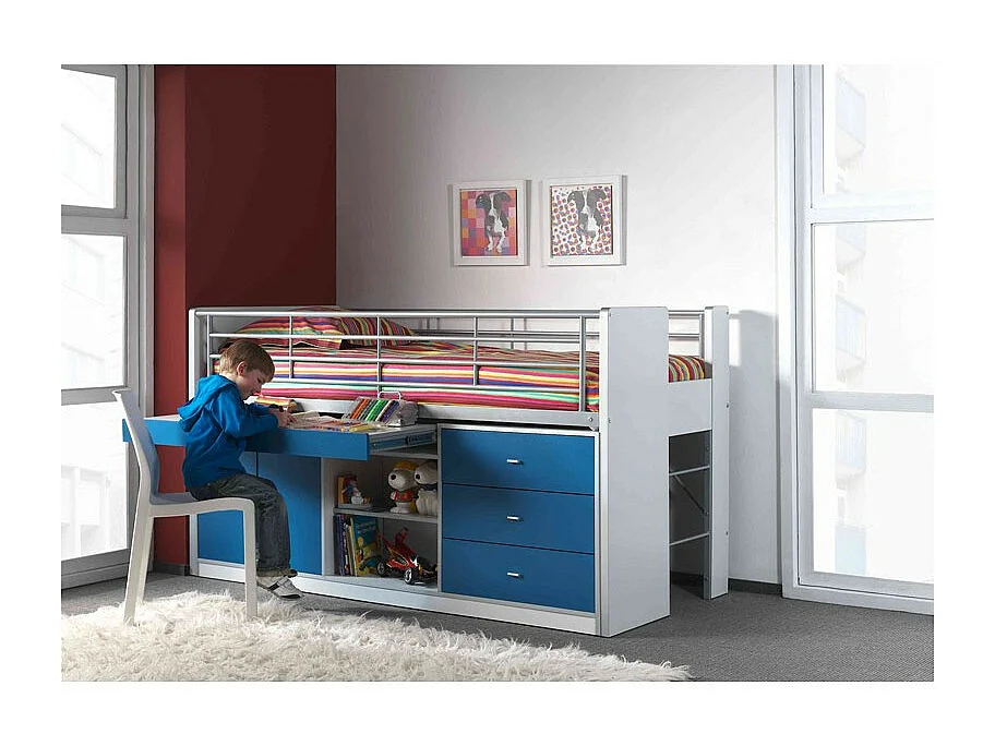 Gecombineerd bed 90x200 cm met boxspring 1 bureau 3 laden wit en blauw hout Bonny