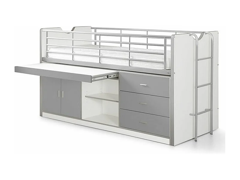 Gecombineerd bed 90x200 cm met boxspring 1 bureau 3 laden wit en grijs hout Bonny