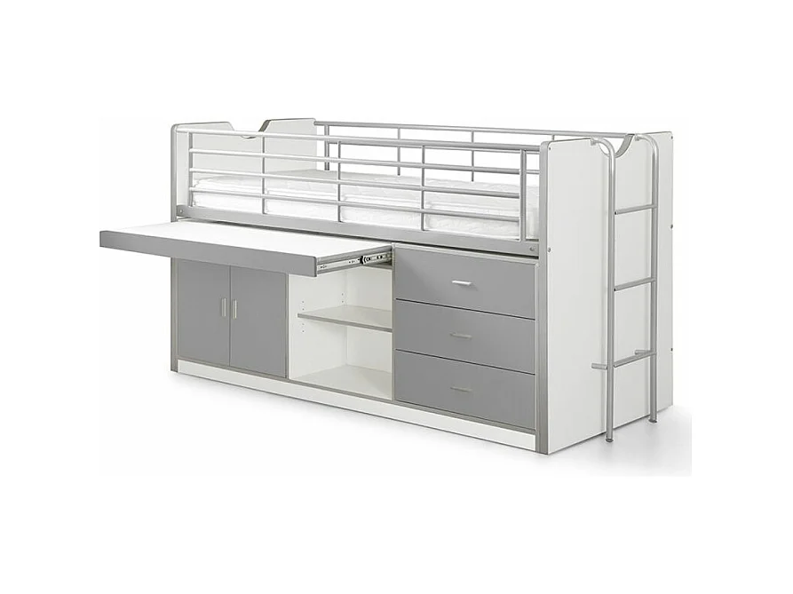 Cama combinada 90x200 cm con somier 1 escritorio 3 cajones madera blanca y gris Bonny
