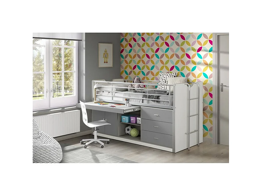 Cama combinada 90x200 cm con somier 1 escritorio 3 cajones madera blanca y gris Bonny